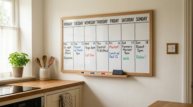 Memory calendar whiteboard with large-print day labels mounted on a kitchen wall, dementia and memory care concept
