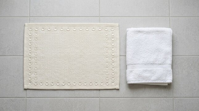 Non-slip bath mat with suction grips laid beside a folded towel, home mobility and accessibility concept