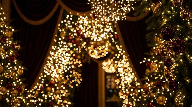 Glowing warm fairy lights draped over dark curtains.