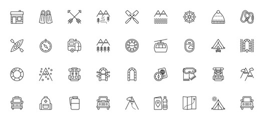 Adventure icon set. Minimalist vector icons pack. Featuring cabin, flippers, arrow, hiking, paddles, mountain, helm, beanie, carabiner, kayak, compass, caravan, forest, porthole, cable car, window, ca © wang
