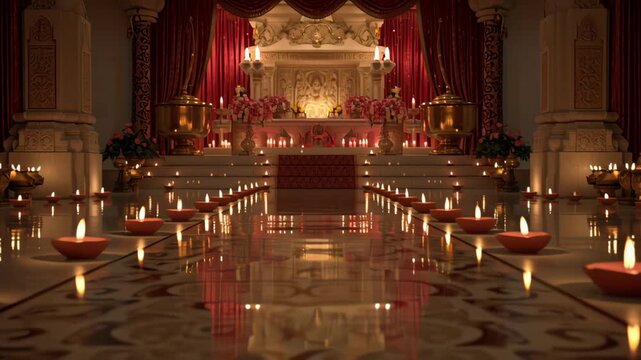 Lit clay diyas reflecting on polished floor inside a decorated Hindu temple altar.
