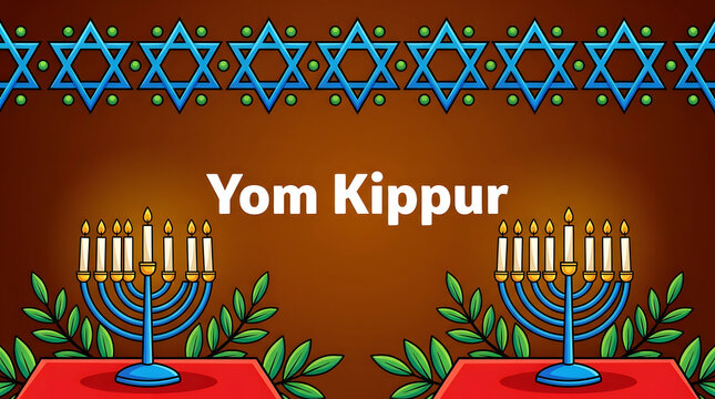 Yom Kippur Jewish holiday celebration with menorah and Star of David. High holy day atonement ceremony featuring traditional symbols and festive de...