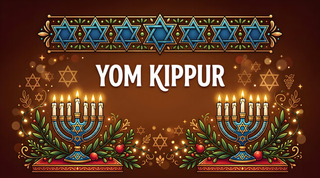 Yom Kippur Jewish holiday celebration with menorah and traditional symbols. High holy day atonement ceremony featuring shofar, prayer, and festive...