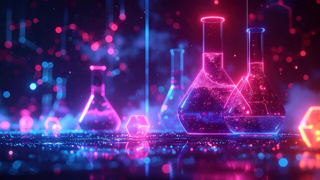 Glowing laboratory beakers and digital circuitry lit with vibrant neon hues