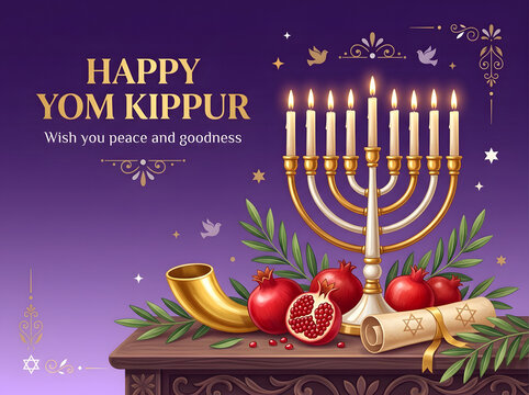 Happy Yom Kippur celebration with lit menorah and traditional foods. Jewish holiday scene featuring festive table setting and warm candlelight glow.