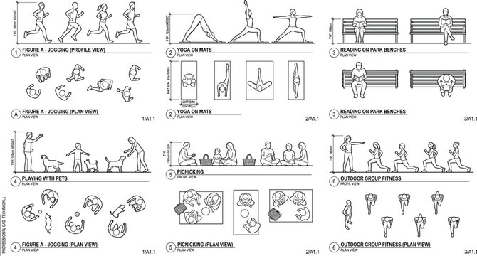 Architectural CAD blocks of people doing outdoor activities including jogging yoga picnicking and reading in plan and elevation view