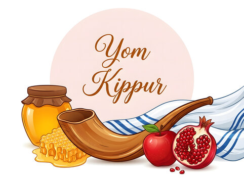 Yom Kippur traditional fasting and atonement celebration. Jewish holiday honey, pomegranate, and shofar symbolism for Rosh Hashanah and High Holy D...