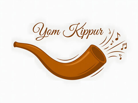 Yom Kippur shofar horn being blown for Jewish holiday. Traditional ram's horn trumpet used in Rosh Hashanah and Day of Atonement rituals.