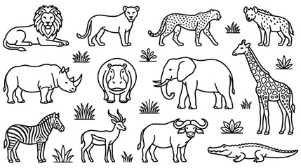 Collection of wild african animals set isolated on white background drawing. © SADIKUR