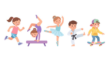Obraz premium Children engaging in diverse outdoor activities including running, gymnastics, ballet, martial arts and skateboarding in a