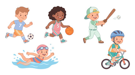 Naklejka premium Colorful Children Engaged in Various Sports and Outdoor Activities on a Bright Day