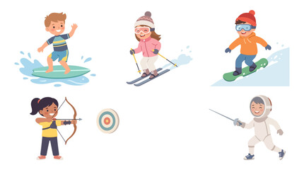 Fototapeta premium Children Engaged in Winter Sports Activities Including Surfing Skiing Archery and Fencing in a Snowy Environment