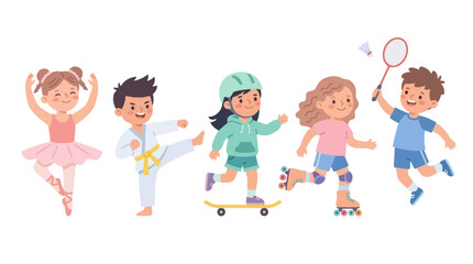 Obraz premium Happy children engaging in diverse sports and leisure activities involving dancing, martial arts, skateboarding, rollerskating,