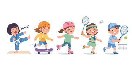 Fototapeta premium Children engaging in various outdoor activities representing sports and recreational play for kids enjoyment