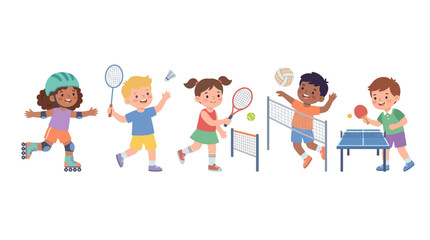 Fototapeta premium Children engaging in various sports activities including tennis volleyball and table tennis fun and energetic group playing on