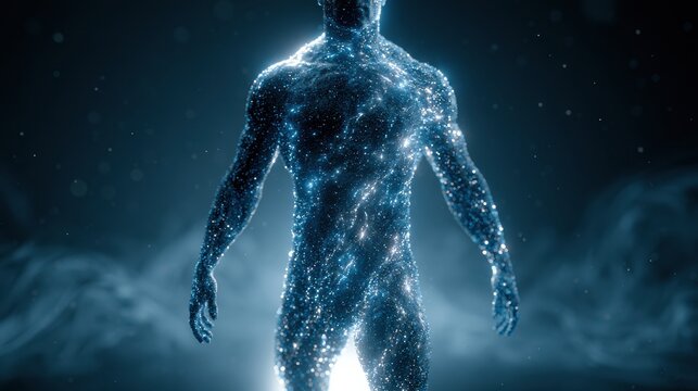 A male figure made of light particles stands strong in a dark atmosphere. The visual represents health and strength in a unique form.