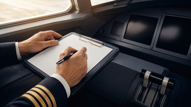 Airline pilot writing on clipboard document sitting in aircraft cockpit during flight preparation with clipboard aviation airplane document