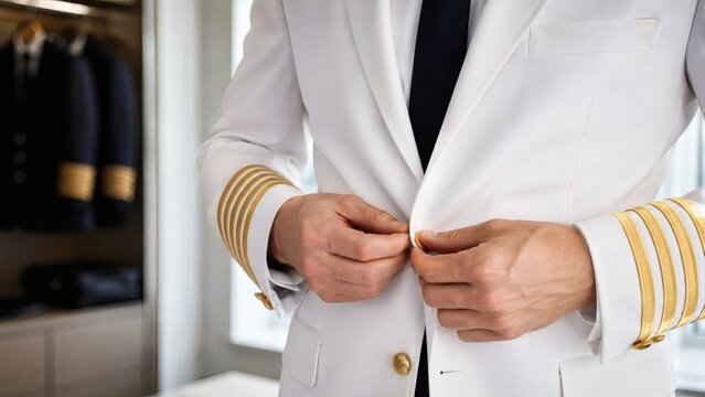 Airline pilot adjusting white formal suit jacket showing gold stripes on sleeves in cockpit with aviation professional commander clothing
