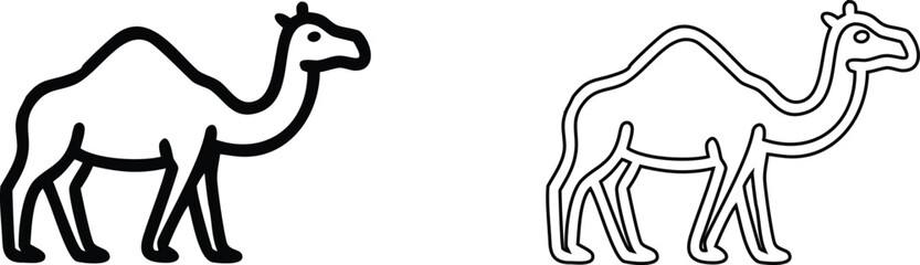 Minimalist black and white of a standing camel, isolated on a white background, animal set for desert themes © Abul