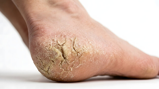 Close up of a dry cracked heel on a human foot showing severe skin condition.