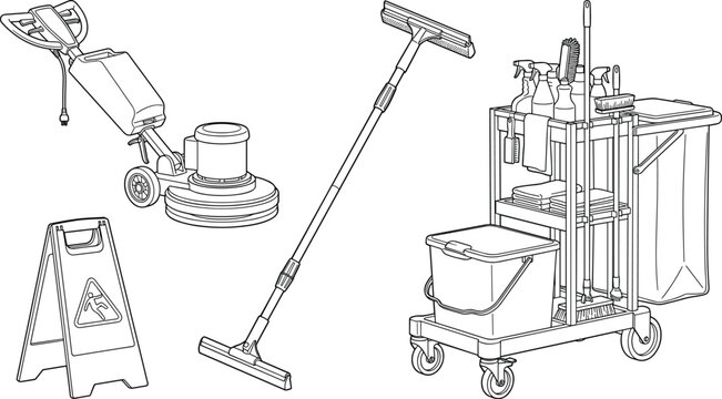 Professional cleaning equipment line art vector collection featuring janitor cart floor buffer squeegee and wet floor warning sign set
