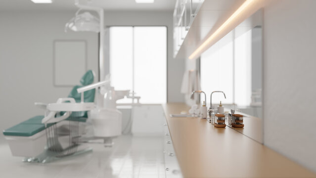 Modern dental clinic sink counter with soap dispensers.
