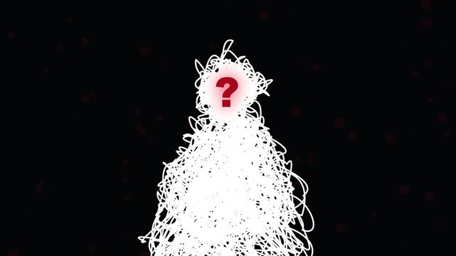 Abstract white scribbled figure with red question mark