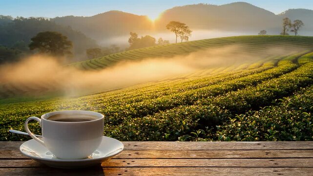 Steaming cup of coffee on wooden table with lush green tea plantation in serene natural setting