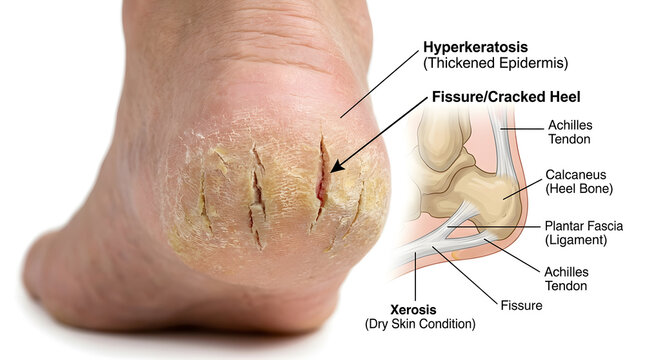 Close up of a human heel with severe cracked skin and fissures.