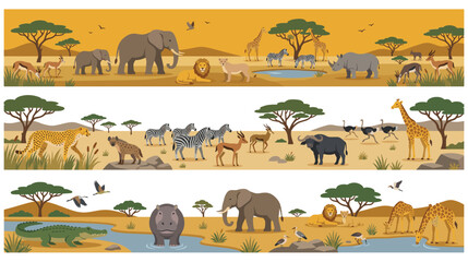 Set of african safari animals vector banners on landscape background. © SADIKUR