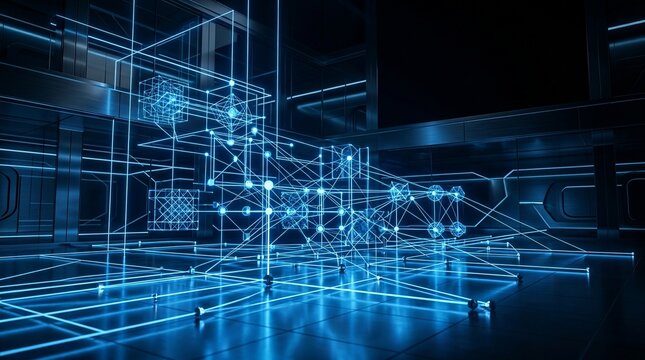 Abstract digital network structure with glowing blue connections and nodes