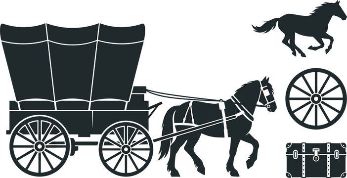 Covered wagon silhouette vector set featuring a horse drawn carriage wild running stallion wheel and vintage treasure chest