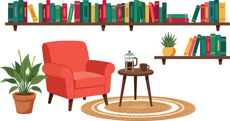 Cozy reading nook vector illustration set with red armchair wooden bookshelves round rug house plants and coffee table © Sumita