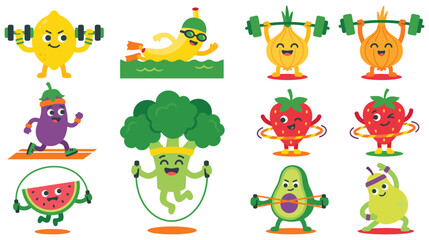 Cartoon fruits and vegetables exercising with sports equipment active life. © SADIKUR