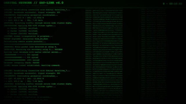 Orbital Network Satellite Link Hacking Terminal Animation.