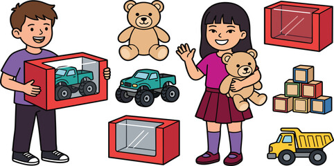  Cute cartoon children playing with various toys including monster truck teddy bear and building blocks vector illustration set © Sumita