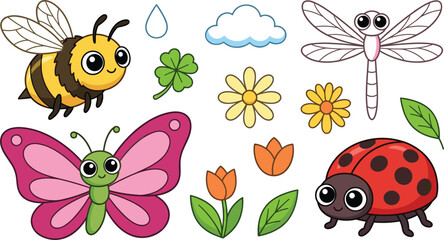 Cute garden insects and flowers vector clip art set with bee butterfly dragonfly ladybug and plants © Sumita