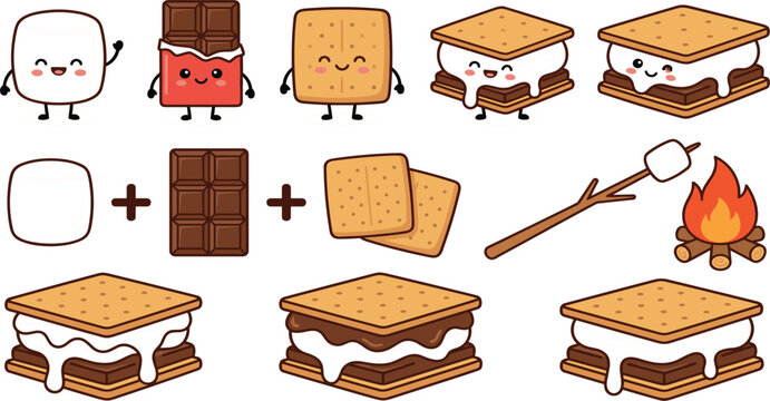 Cute smores vector set with kawaii marshmallow chocolate bar graham cracker character bonfire and ingredients assembly icon.