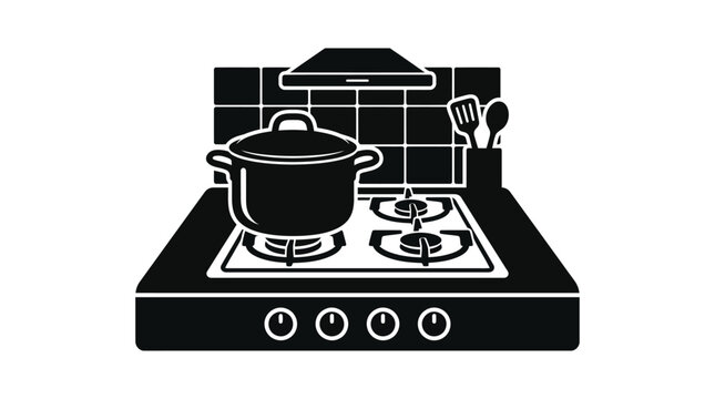 stove with pot and utensils silhouette black white background kitchen cookware appliances