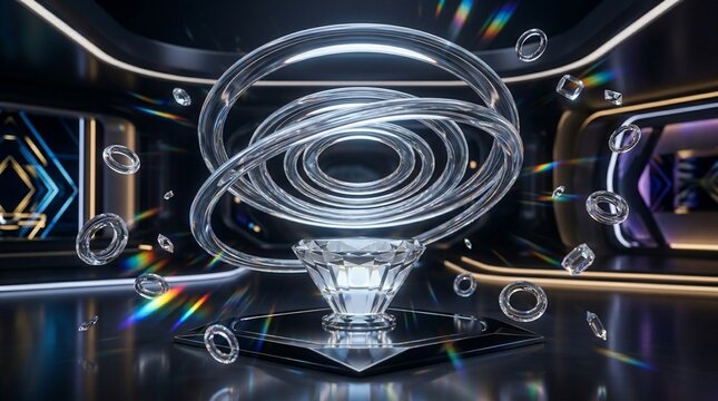 Abstract glowing energy vortex with swirling rings in futuristic technological environment