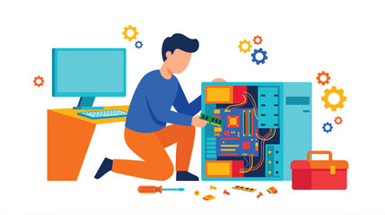 Fototapeta premium Illustration of a technician installing and repairing a server in a data center with tools and rack hardware.