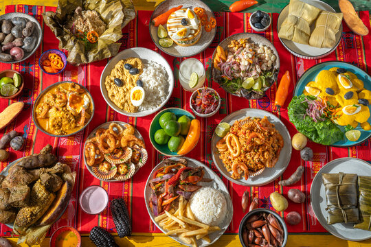 Traditional Peruvian Food Feast table on Andean Textile Tablecloth