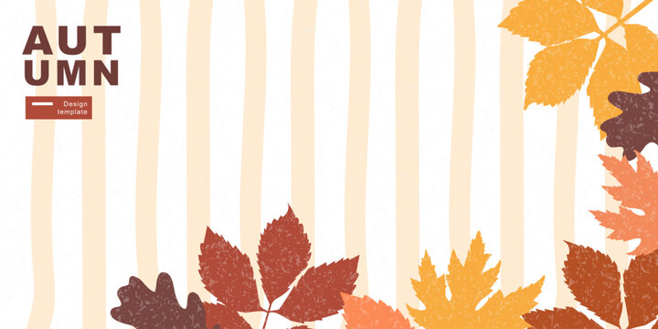 Autumn background in horizontal format with striped pattern, colorful maple and oak leaves, and copy space. Modern textured vector illustration in flat style for autumn sale, seasonal promotion, harve