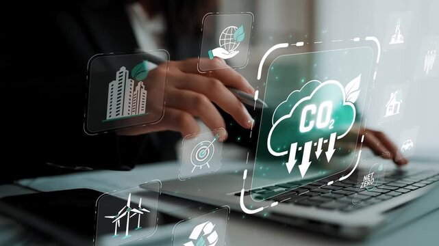 Modern digital workspace featuring cloud computing concepts, environmental sustainability, and carbon footprint reduction with creative icons and graphs Sigmoid