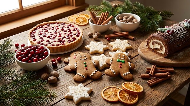 Festive Christmas cookies and desserts on wooden table.