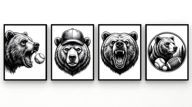 Four distinct grizzly bear head portraits are showcased in this artistic collection, each rendered in a striking black and white sketch style, ready to adorn any wall space with primal power