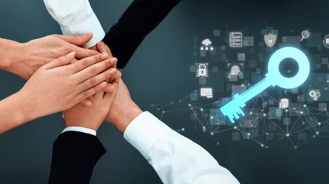 Collaborative Hands Symbolizing Trust and Access with Digital Key Concept in Background for Security and Technology Themes Sigmoid