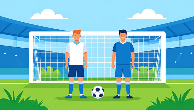 Two soccer players facing camera with ball on field in front of goal, stadium background, active sport lifestyle