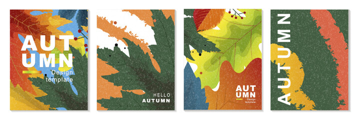 A collection of fall templates in vertical format. An abstract vector set of posters with bright autumn leaves, organic shapes, and a textured background. Modern seasonal design for autumn sales, prom © Uliya