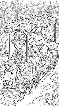 Magical Unicorn Train Journey with Sea Creature Passengers Coloring Page
